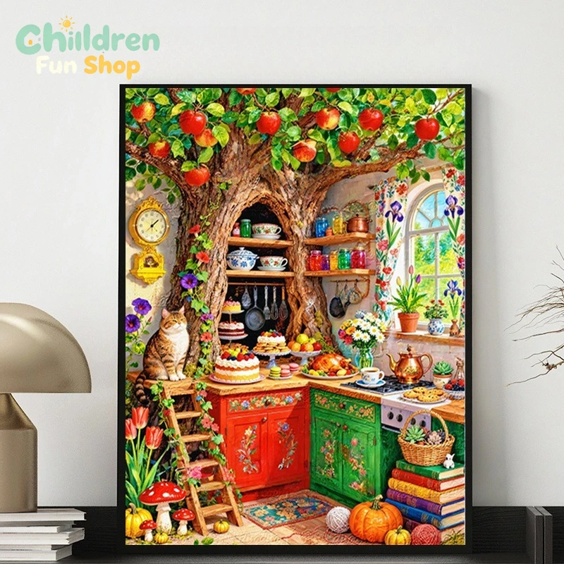 Resin Art Wallpaper - Speelse keuken met boomhut en kat